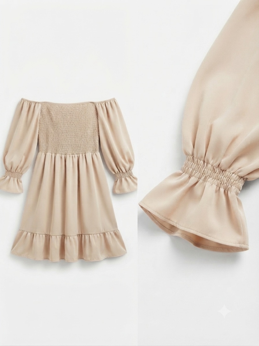 Bohochic cream ruffle dress off the shoulder .